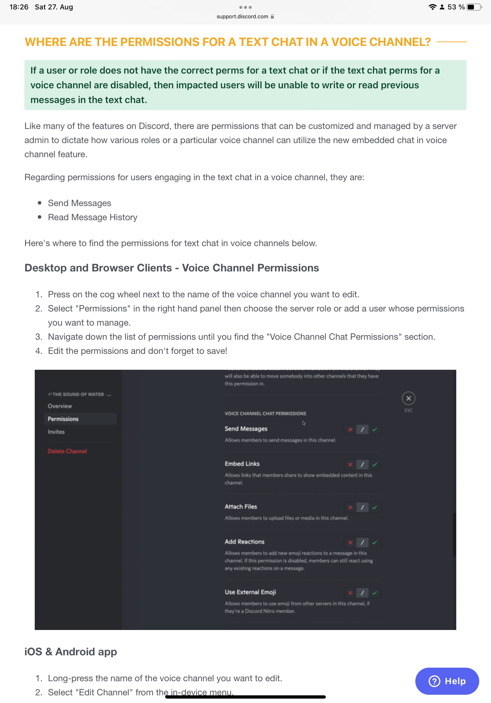 Discord documentation page showing how to add required permissions to users in voice chat