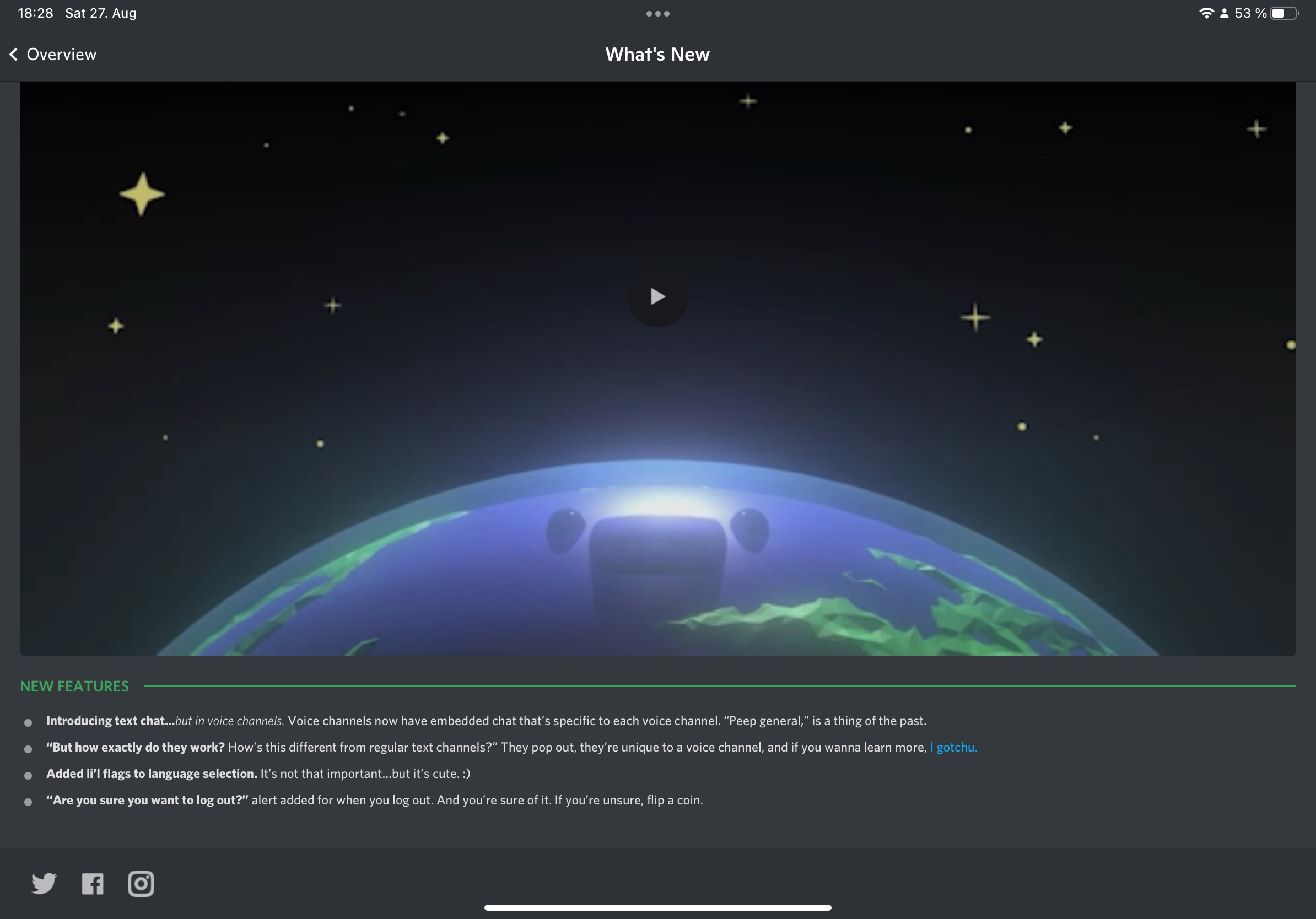 Discord release notes with a header image of a globe and a satellite spinning around it